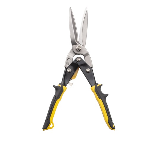 Stanley aviation snips with yellow and black handles, suitable for cutting sheet metal.