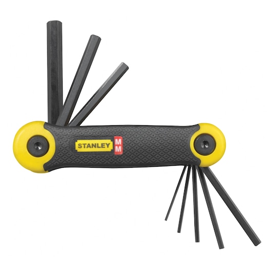 Photo of STANLEY 2-69-264 folding hex key set with black and yellow handle, hex keys extended, on white background.