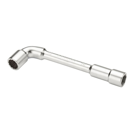 Chrome finish STANLEY socket wrench with two hex ends, used for tightening or loosening bolts.