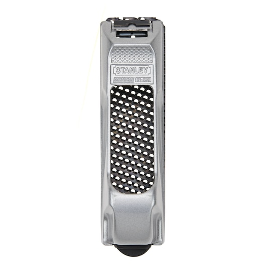 Stanley hand rasp, silver body with black grating, front view on white background