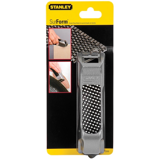 Photo of STANLEY SurForm pocket plane SKU 21-399 in packaging, metal body with perforated blade, category: hand tool.