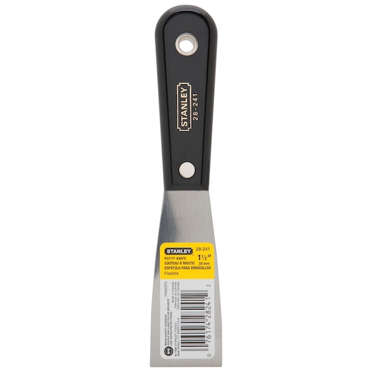 STANLEY 28-241 putty knife with black handle and flexible 1-1/2 inch steel blade, front view on white background.