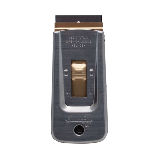 Stanley metal razor blade scraper with gold slider, front shot on white background