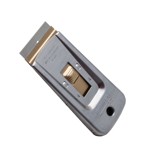 Stanley metal razor blade scraper with gold slider, top angled product shot on white background