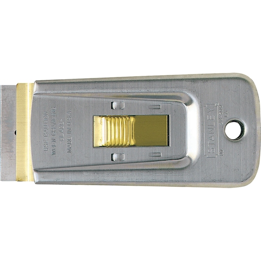 Stanley 28-500 metal utility razor scraper, silver with gold slider, overhead view on white background.