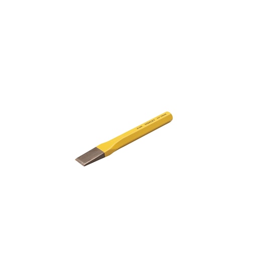 STANLEY 4-18-289 flat chisel, yellow steel tool, side view, product photography on white background.