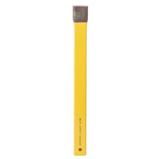 STANLEY 4-18-292 cold chisel with yellow hexagonal handle and flat steel cutting edge, front view, white background.