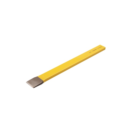Photo of STANLEY 4-18-292 cold chisel, yellow steel body, flat blade, angled left on white background.