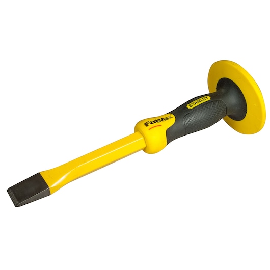 Stanley yellow and black chisel with a FatMax grip and hand guard for masonry work.