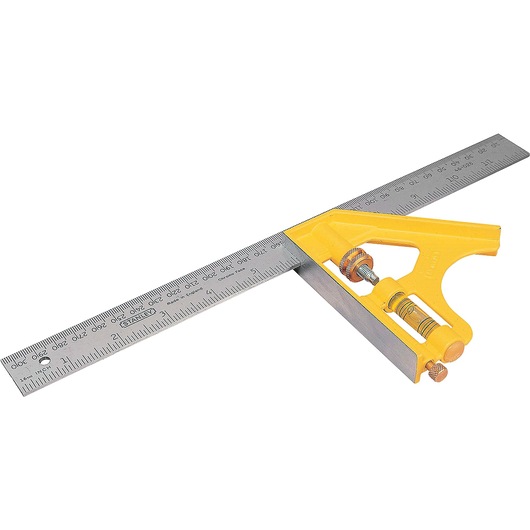 Inclined view of 12 inch english and metric combination square.