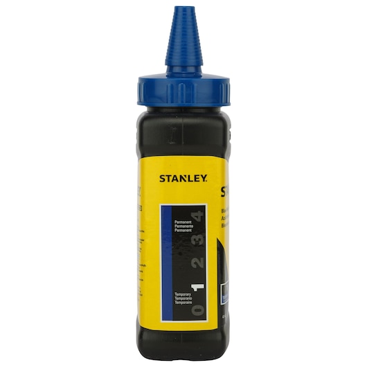 STANLEY 47-443 chalk bottle with yellow label and blue nozzle, front angle, product photography.