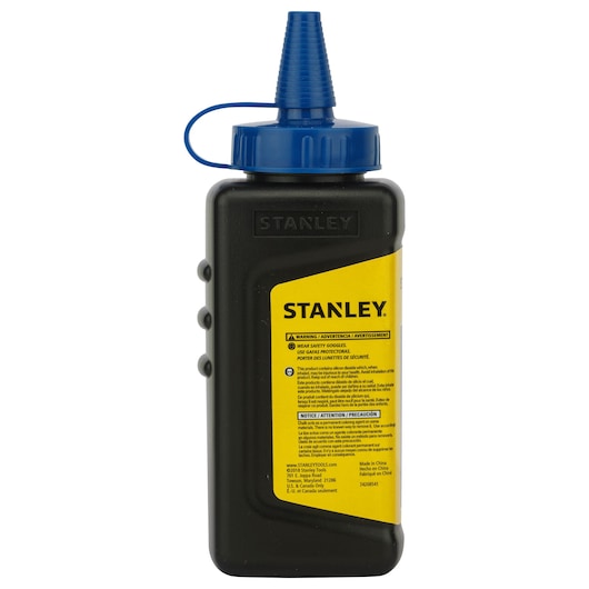Photo of STANLEY 47-443 chalk bottle with blue nozzle, black container and yellow label, front view.