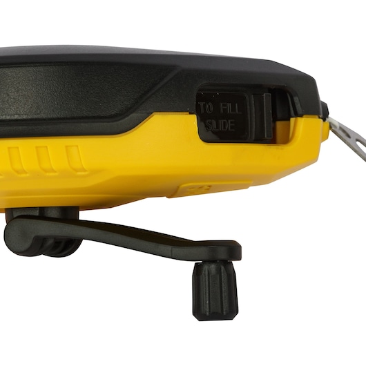 STANLEY 47-443 chalk reel side view with yellow and black case and visible winding handle.