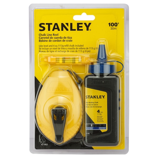 Stanley 47-443 chalk line reel set with yellow reel, blue chalk bottle, and level in retail packaging, front view.
