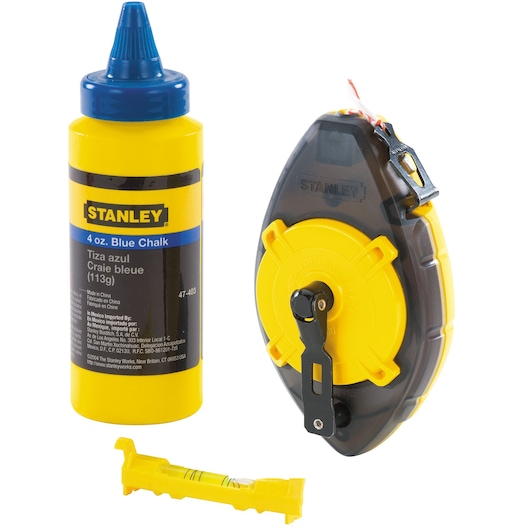 Stanley chalk line tool kit with yellow and black chalk reel, blue chalk bottle, and yellow level, front view