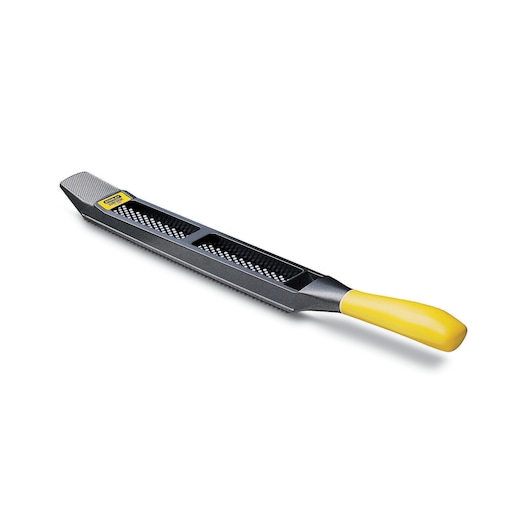 STANLEY 5-21-295 hand rasp with yellow handle, metal body, product photo at angle on white background.
