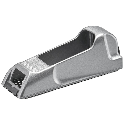 STANLEY 5-21-399 surform plane, silver metal, side angle on white background.