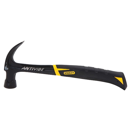 STANLEY 51-162 claw hammer with Antivibe, black and yellow handle, side angle photo.