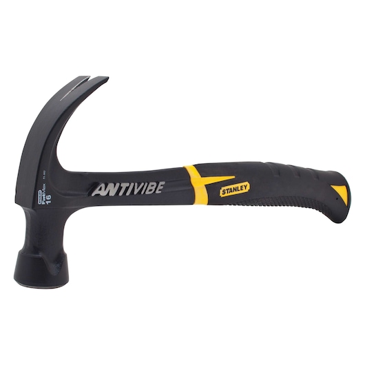 Photo of STANLEY 51-162 claw hammer with black and yellow anti-vibe handle, side angle, white background.