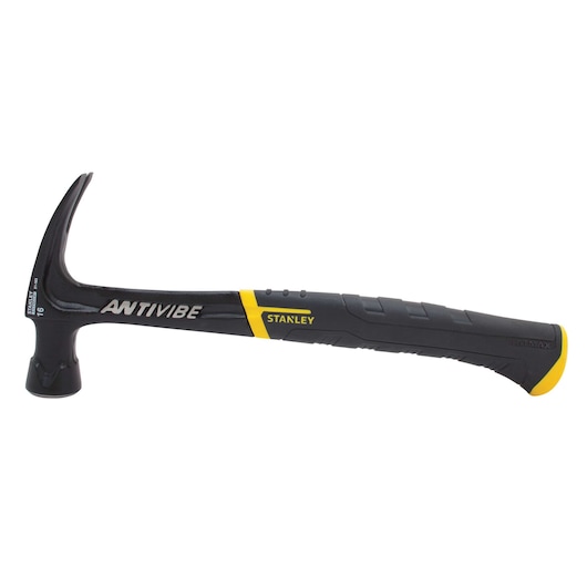 Stanley 51-163 claw hammer, black and yellow, side angle on white background.