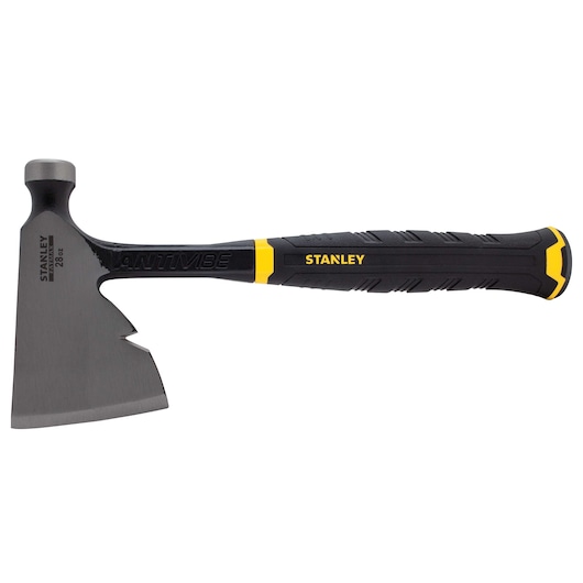 STANLEY 54-023 hatchet with black and yellow anti-vibe handle, side view on white background.