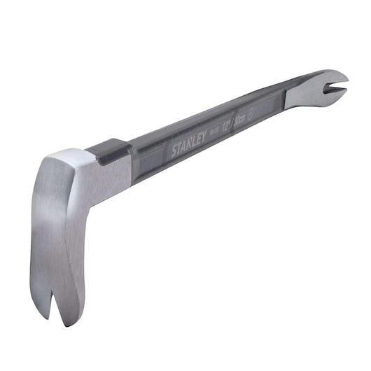 STANLEY 55-115 steel pry bar, 12-inch, silver and black, angled view on white background.