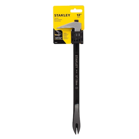STANLEY 55-115 12-inch black steel claw bar, front angle, with yellow packaging.