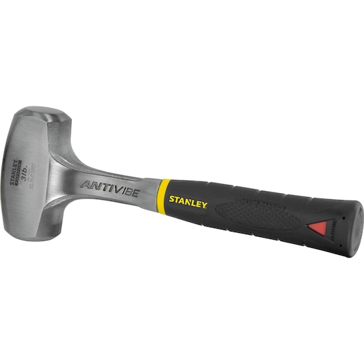 STANLEY 56-001 black and yellow anti-vibe sledgehammer, side angle, photography of hand tool.