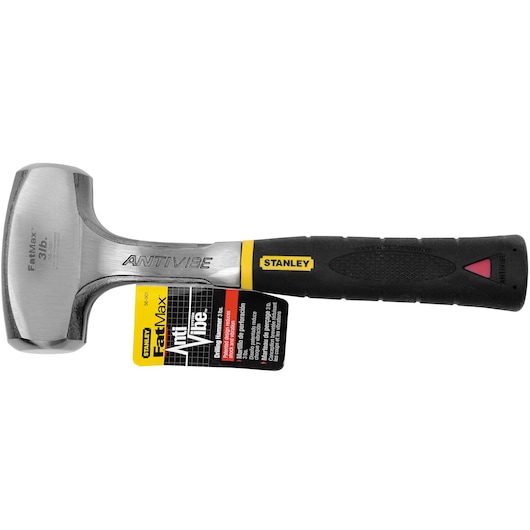 Stanley FatMax ANTIVIBE hammer SKU 56-001, front view, black and silver handle, labeled tag attached.