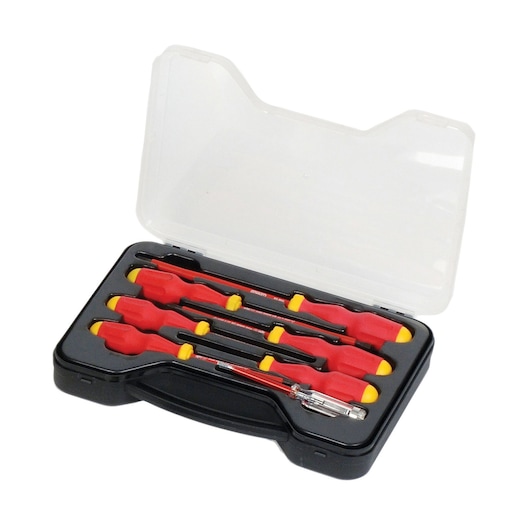 STANLEY 65-980-22 insulated screwdriver set with red and yellow handles in a black plastic case, photo angled above.