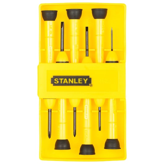 Stanley 66-052 yellow precision screwdriver set in case, product photography, top view.