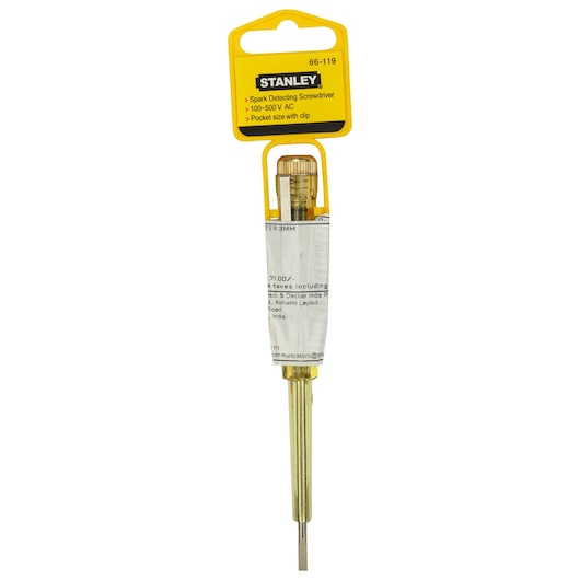 STANLEY 66-119-KR spark detecting screwdriver in retail packaging, yellow and clear handle, front angle on white.