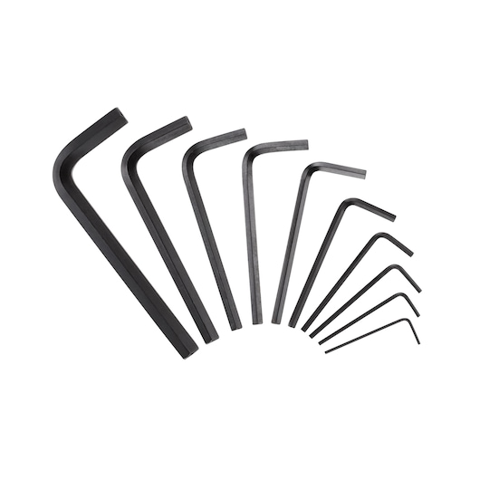 STANLEY 69-253 hex key set, photography of 10 black L-shaped keys in fan arrangement, front angle.