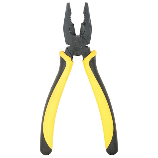 STANLEY 70-482 combination pliers with black and yellow handles, front angle on white background.