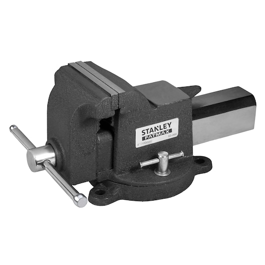 STANLEY 83-066 bench vise, black and silver, side angle on white background.