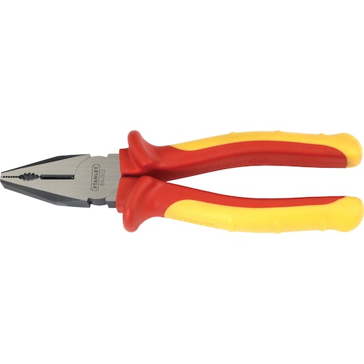 STANLEY 84-002 insulated combination pliers, red and yellow handles, front angle, photography.
