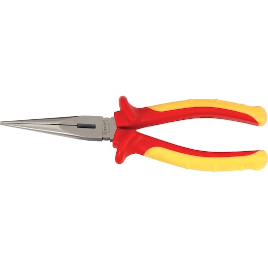 STANLEY 84-007 long nose pliers with red and yellow insulated handles, side view on white background.