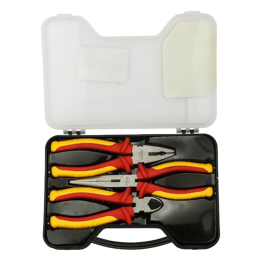 STANLEY 84-011 pliers set with red and yellow handles in a black plastic case, top view.