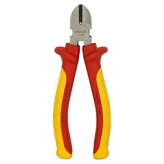 STANLEY 84-011 insulated diagonal cutting pliers, red and yellow handles, front angle photo.