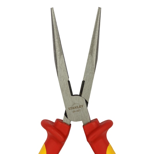 Photo of STANLEY 84-011 long nose pliers with red and yellow handles, front angle on white background.