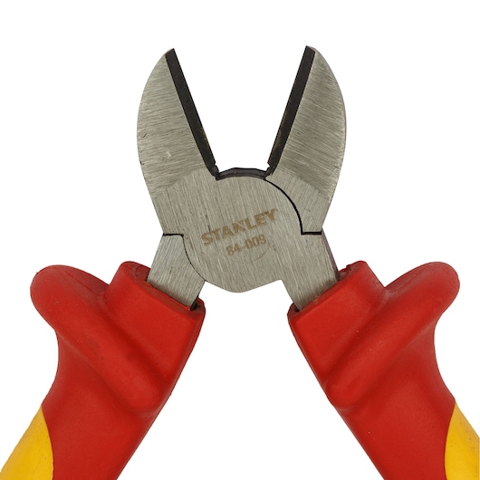 STANLEY 84-011 diagonal cutting pliers with red and yellow handles, front view.
