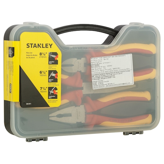 STANLEY 84-011 pliers set in a transparent plastic carrying case with yellow label showing three insulated pliers.