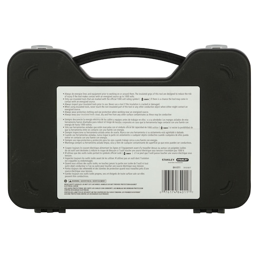 Photo of STANLEY tool case, SKU 84-011, black hard plastic with carry handle, large instruction and safety label on back.