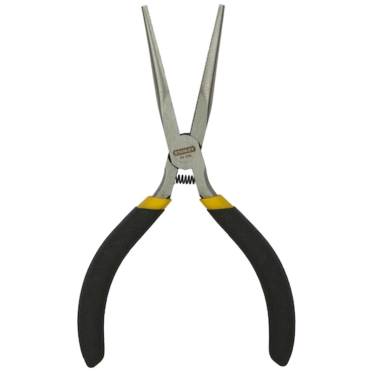 Stanley 84-096-23 long nose pliers, black and yellow handles, front angle on white background.