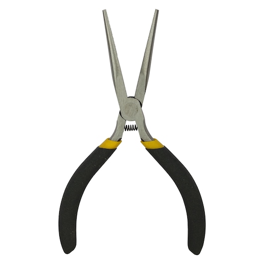 STANLEY 84-096-23 long nose pliers with black and yellow handles, front view, white background.