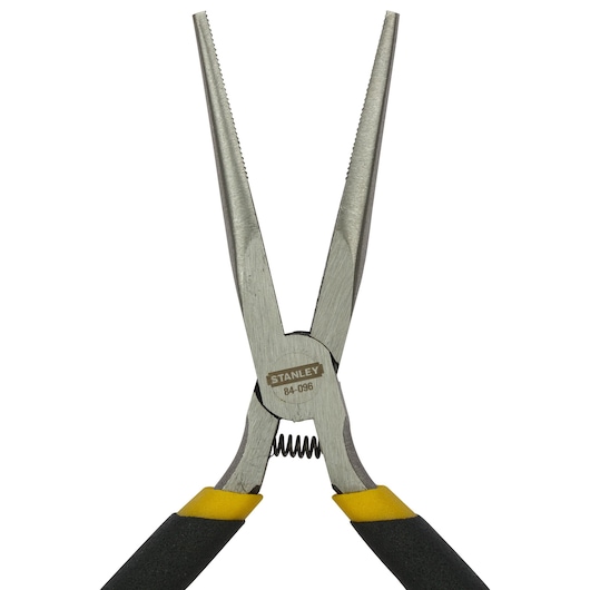 STANLEY 84-096-23 long nose pliers with black and yellow handles, front angle on white background.