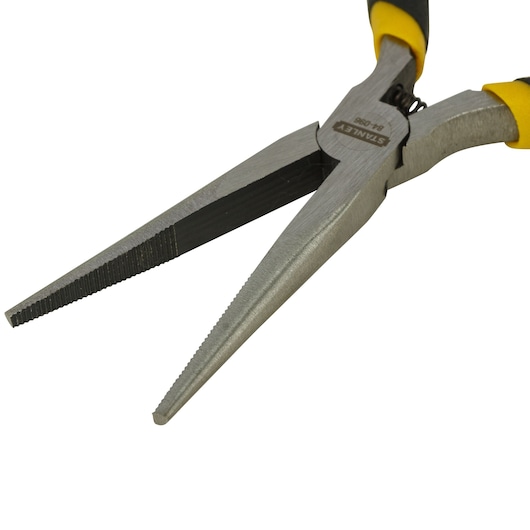 STANLEY 84-096-23 long nose pliers with yellow and black handles, close-up view on white background.