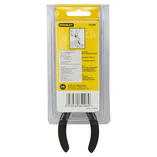 Photo of STANLEY 84-096-23 pliers in retail packaging, back view showing yellow label and barcode.