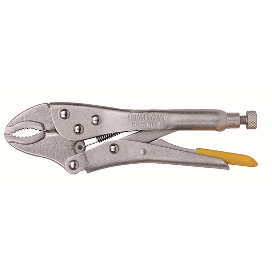 Stanley 84-368 locking pliers with silver finish and yellow grip, photography, side angle.
