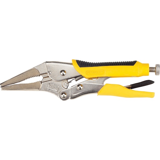 STANLEY 84-389 locking pliers, yellow and silver, long nose type, side angle on white background.